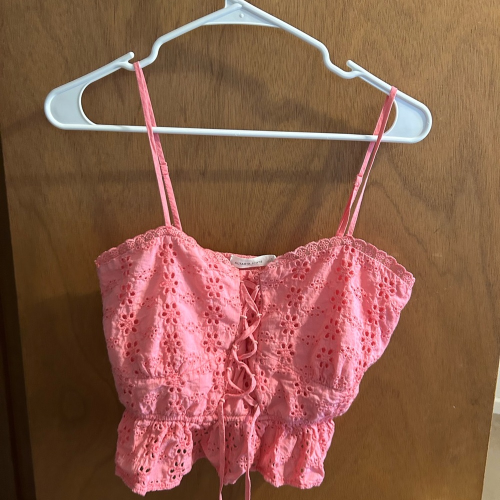 Altar'd State Coral Lace-Up Eyelet Crop Top